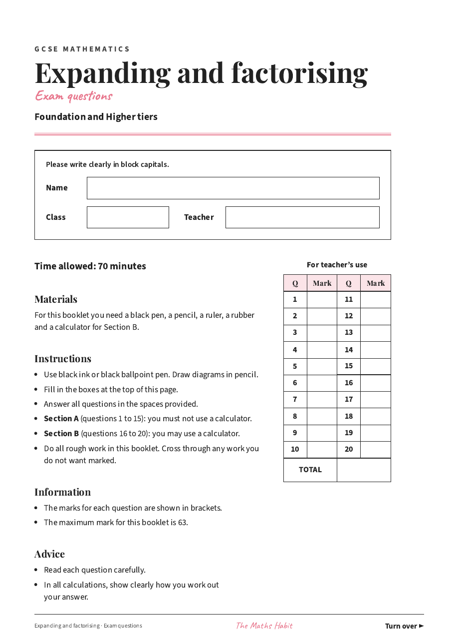 Expanding and factorising: exam questions, first page