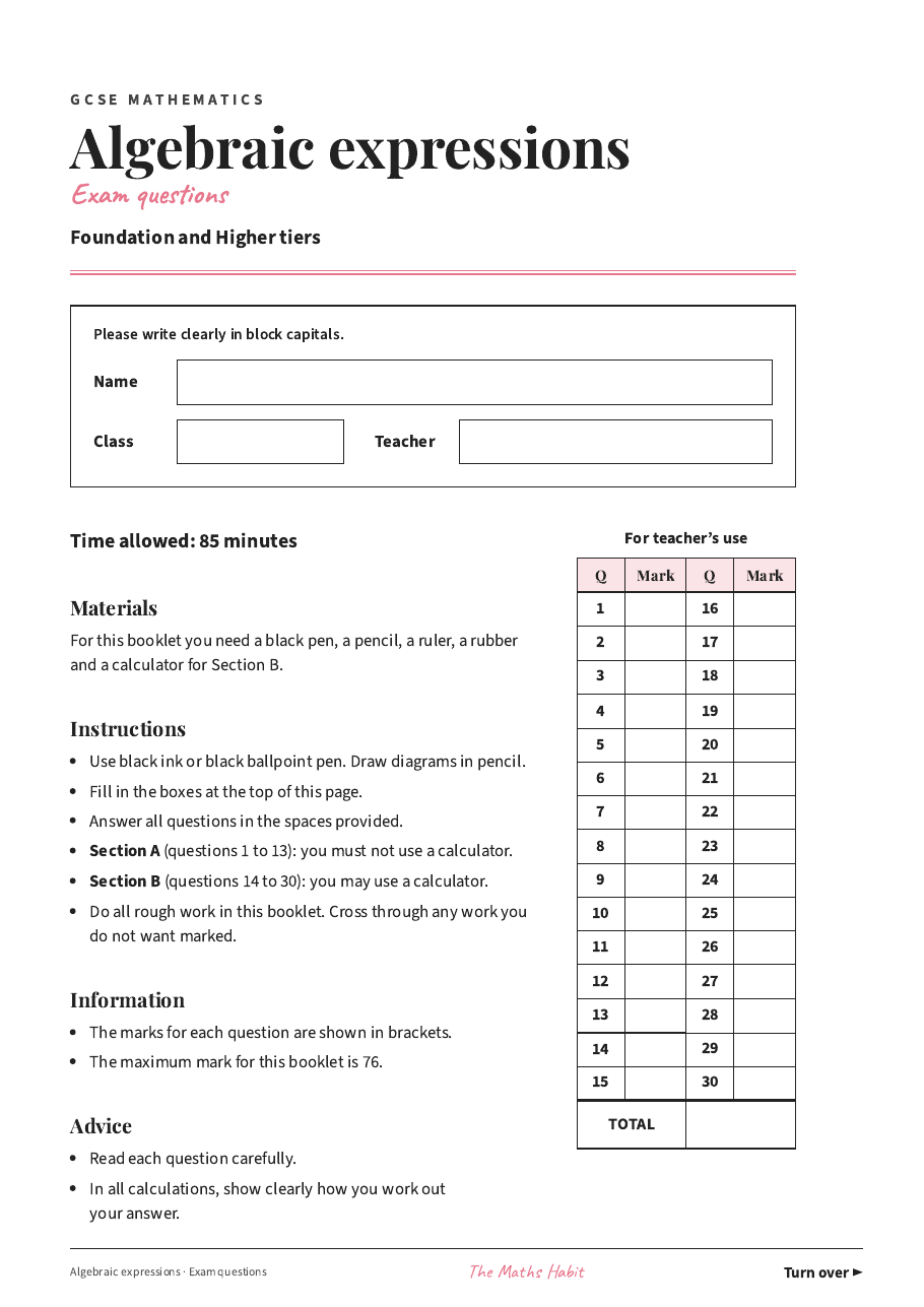 Algebraic expressions: exam questions, first page