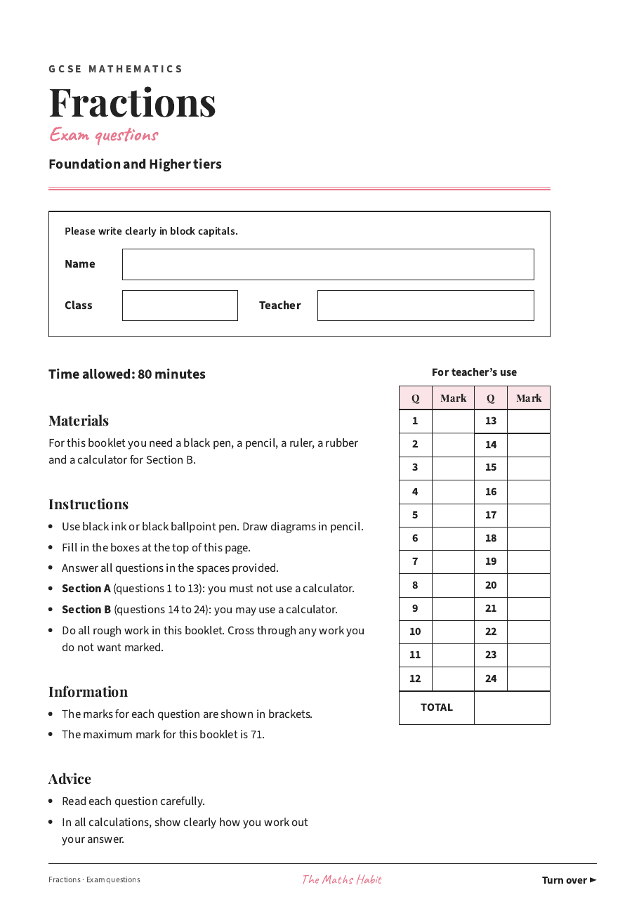 Fractions: exam questions, first page