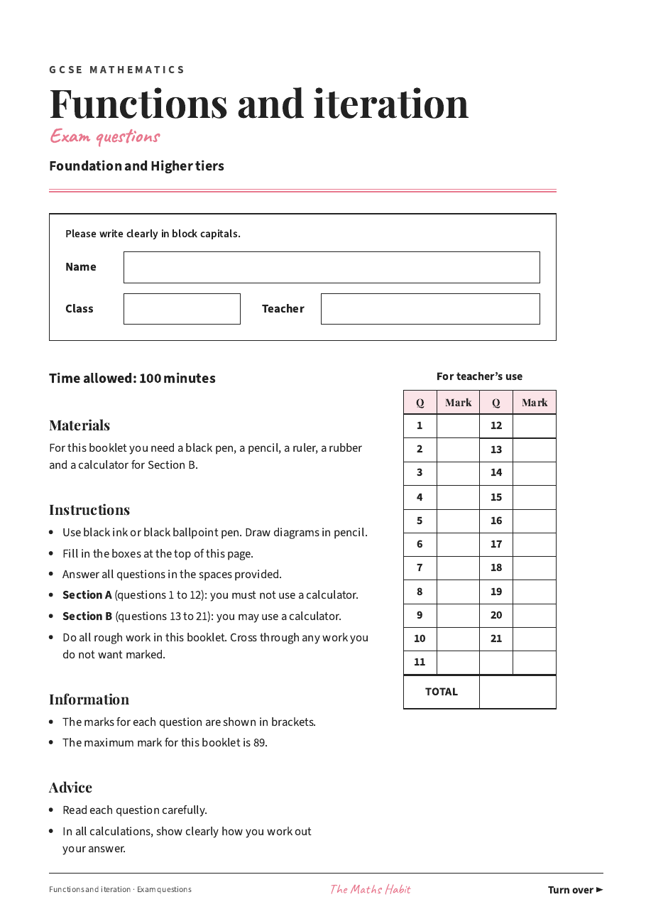 Functions and iteration: exam questions, first page