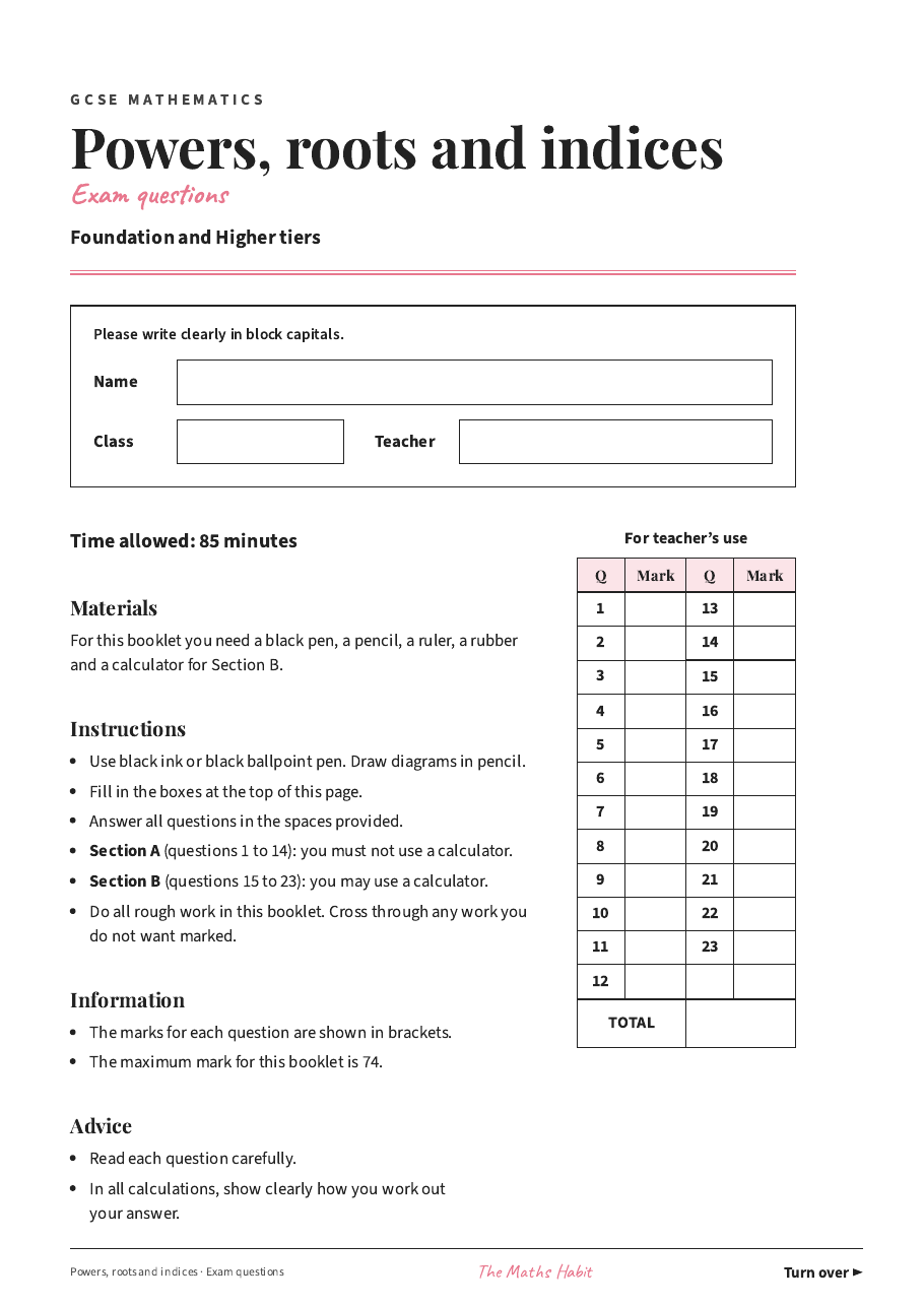 Powers, roots and indices: exam questions, first page