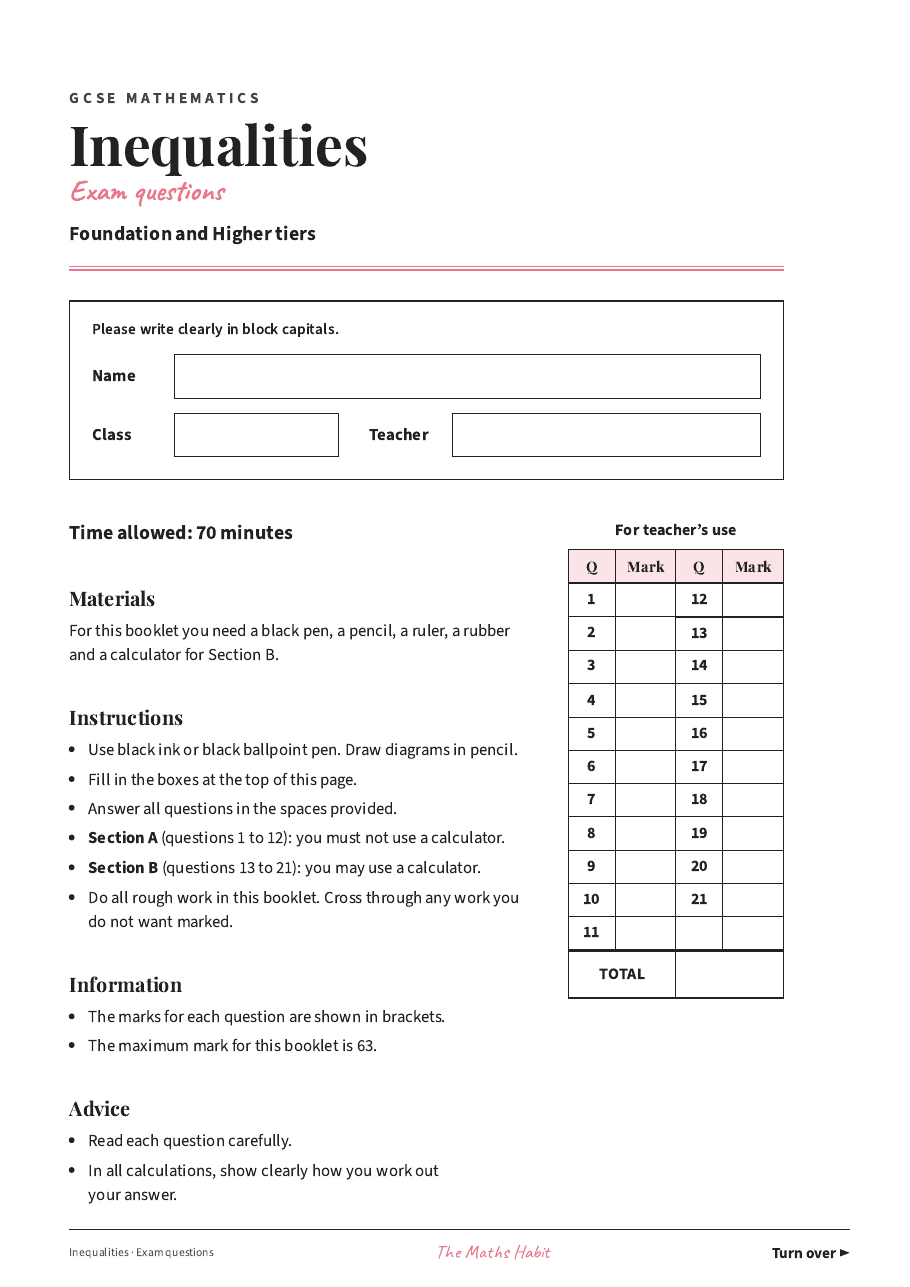 Inequalities: exam questions, first page