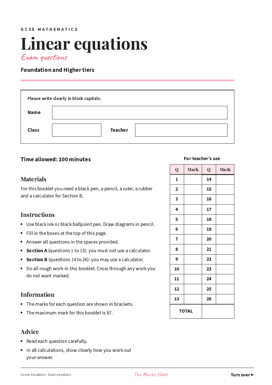 Linear equations: exam questions, first page