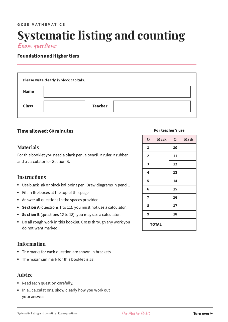 Systematic listing and counting: exam questions, first page