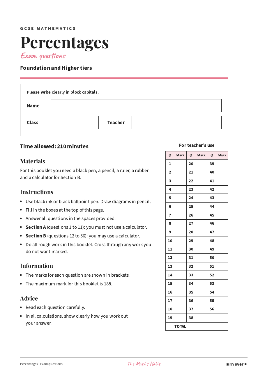 Percentages: exam questions, first page