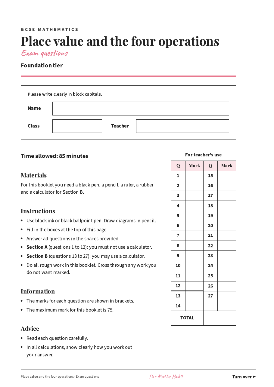 Place value and the four operations: exam questions, first page