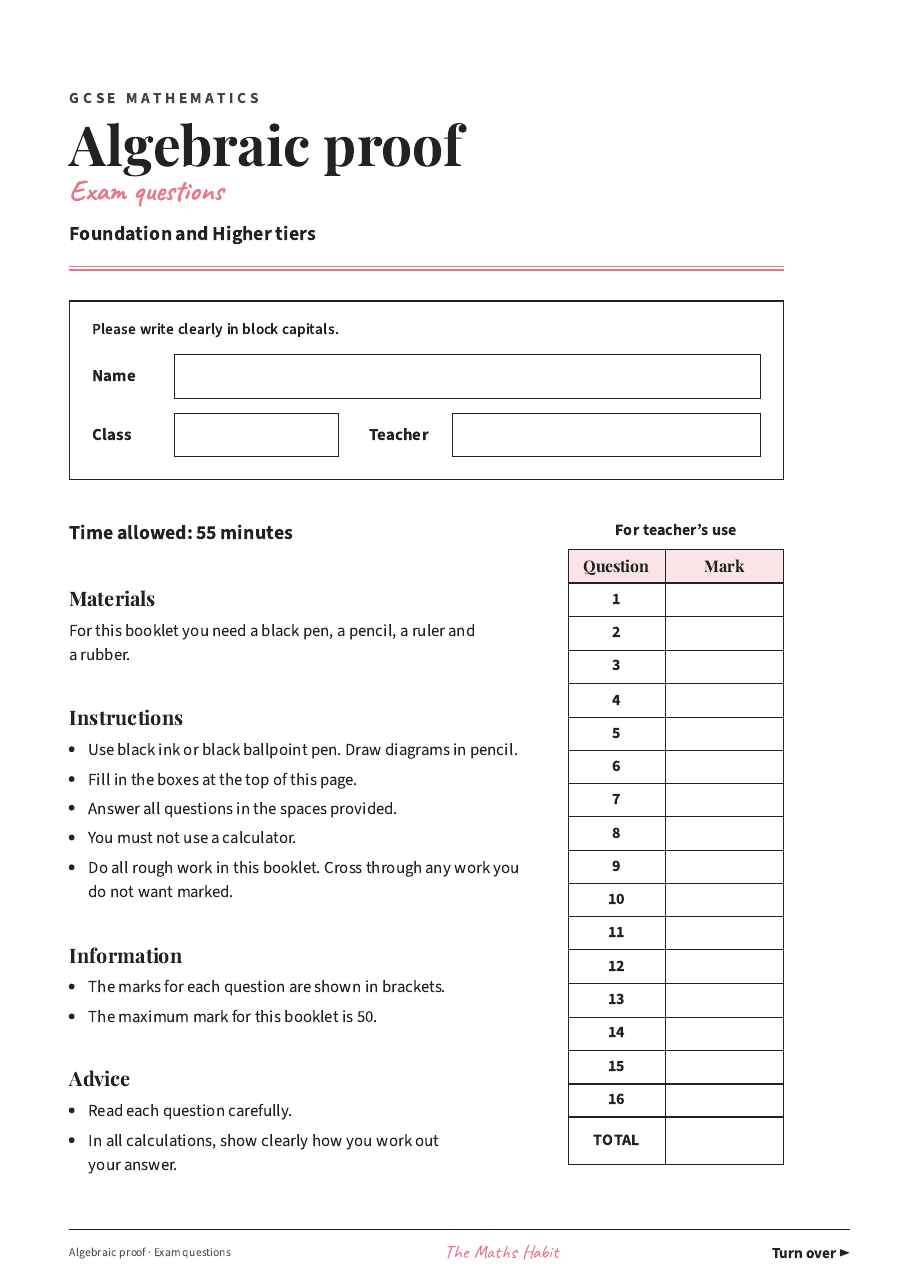 Algebraic proof: exam questions, first page