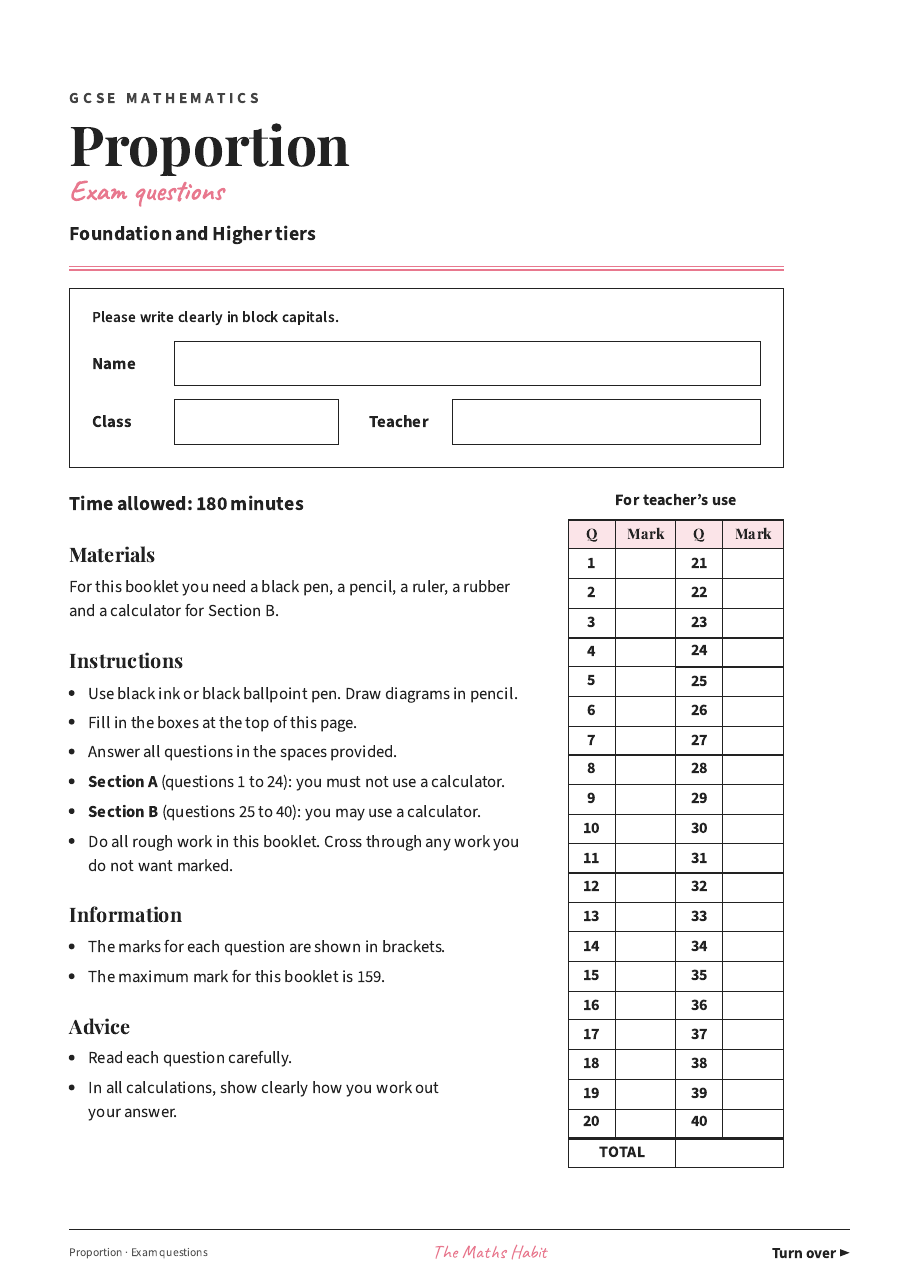 Proportion: exam questions, first page