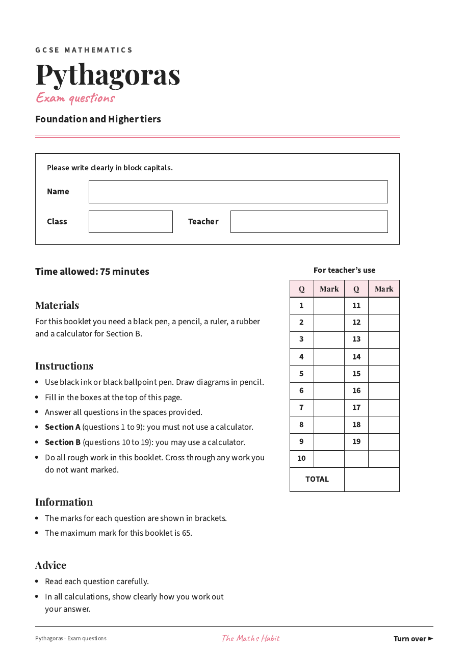 Pythagoras: exam questions, first page