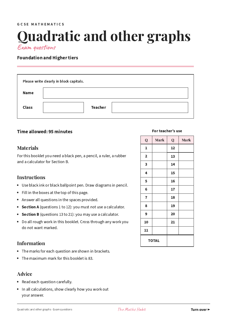 Quadratic and other graphs: exam questions, first page