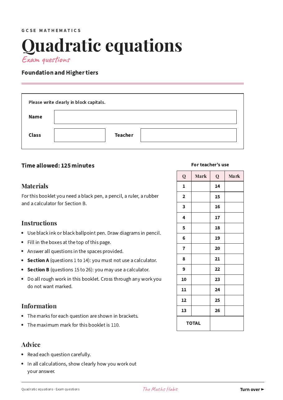 Quadratic equations: exam questions, first page