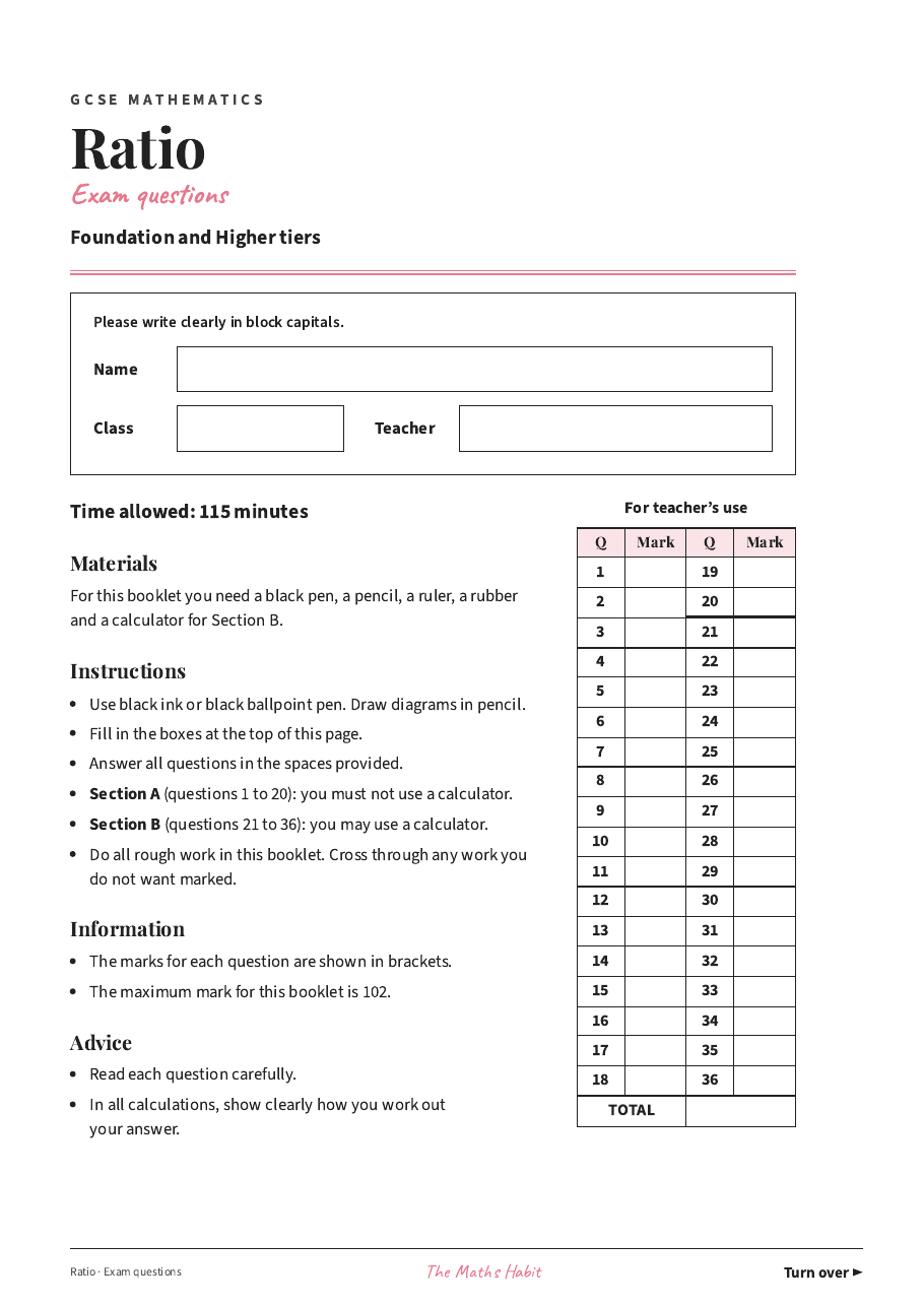 Ratio: exam questions, first page