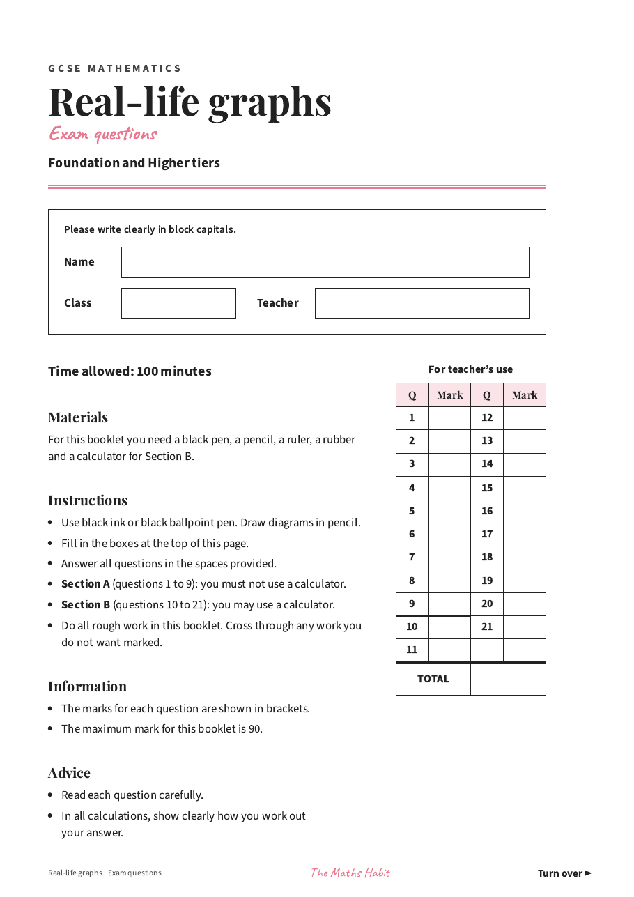 Real-life graphs: exam questions, first page