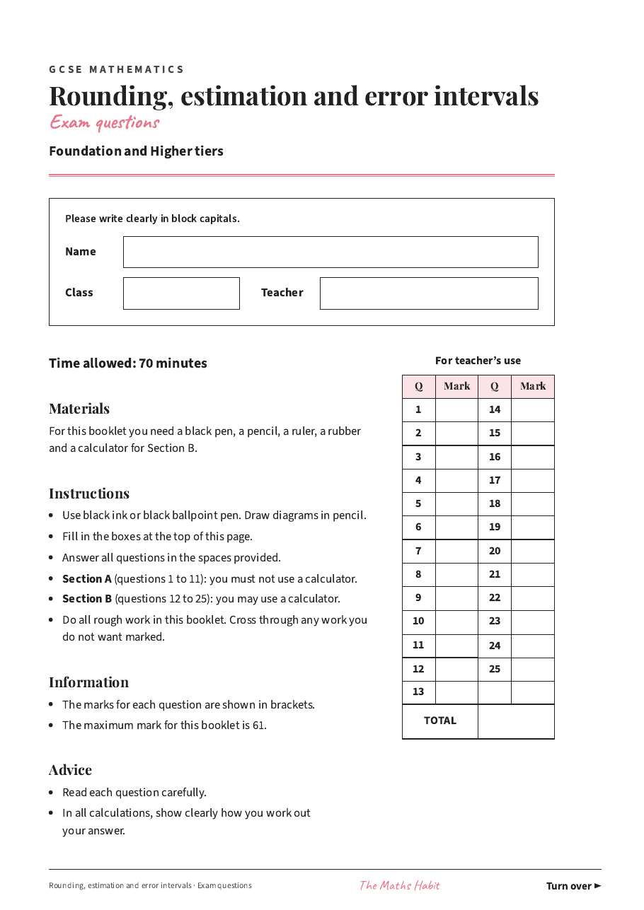 Rounding, estimation and error intervals: exam questions, first page