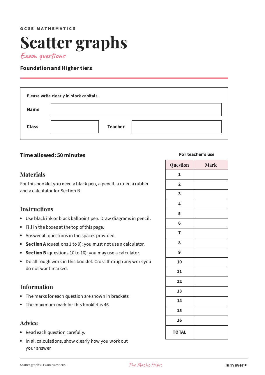 Scatter graphs: exam questions, first page