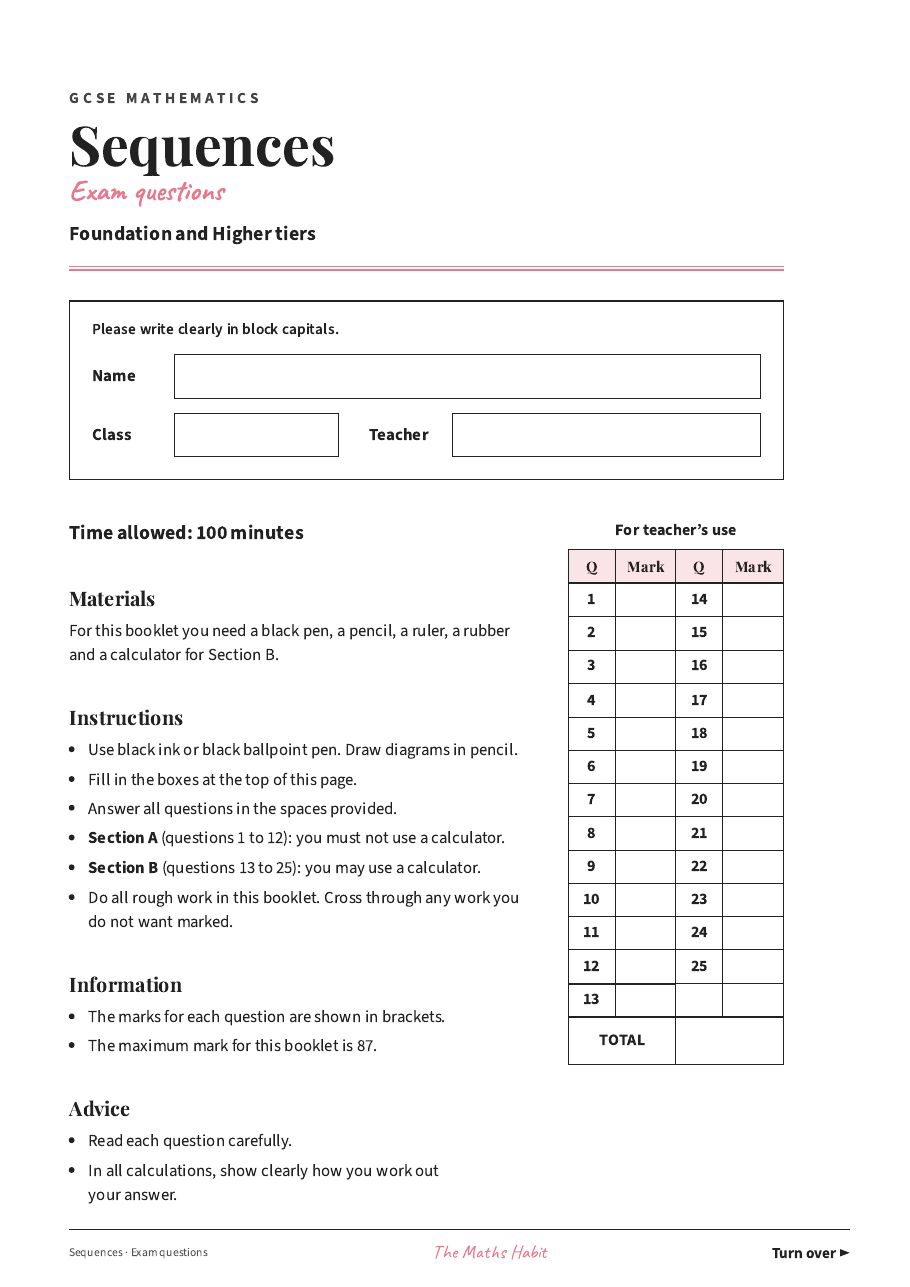 Sequences: exam questions, first page
