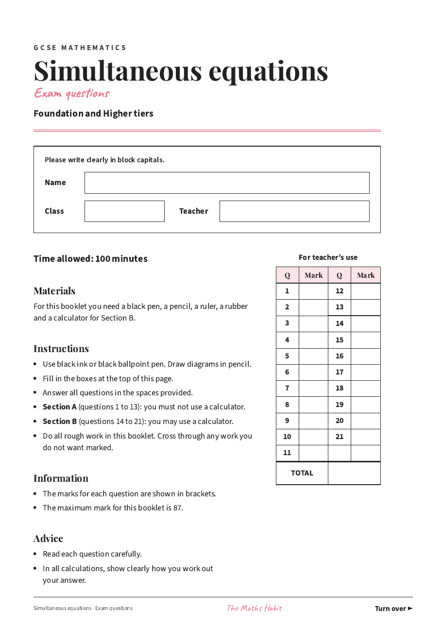 Simultaneous equations: exam questions, first page