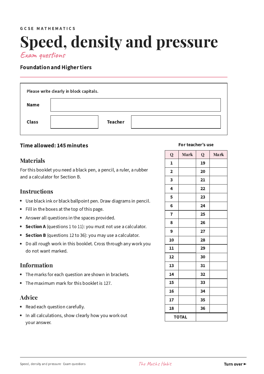 Speed, density and pressure: exam questions, first page