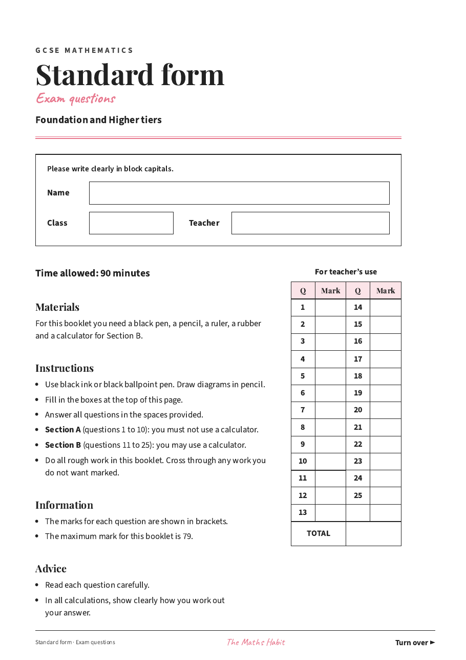 Standard form: exam questions, first page