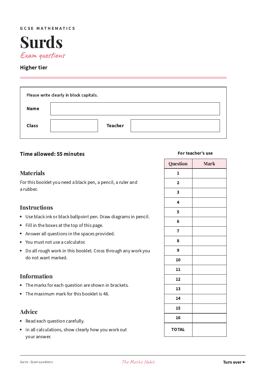 Surds: exam questions, first page