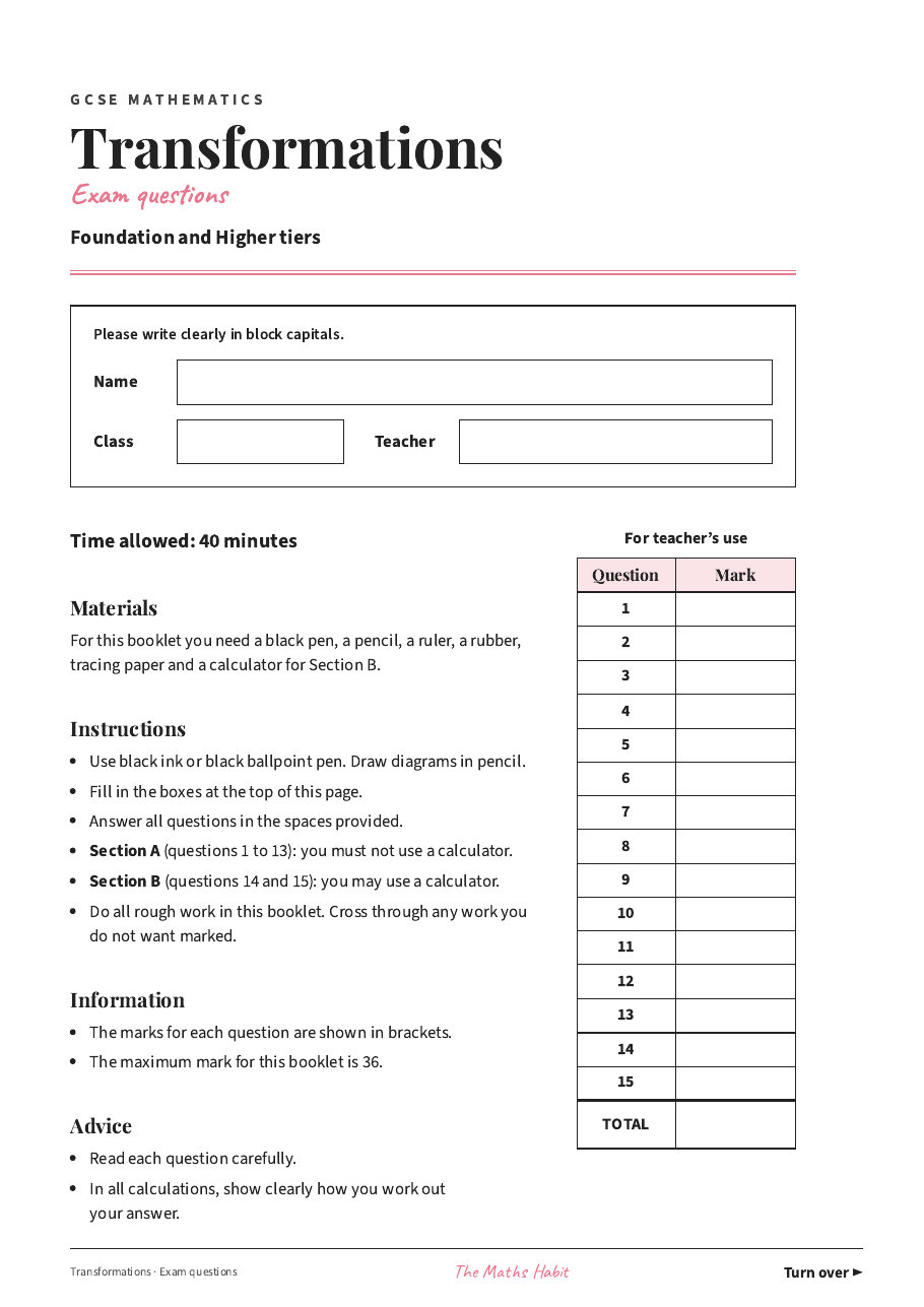 Transformations: exam questions, first page