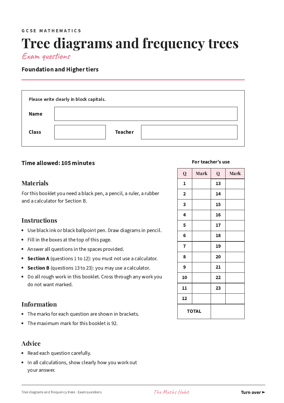Tree diagrams and frequency trees: exam questions, first page