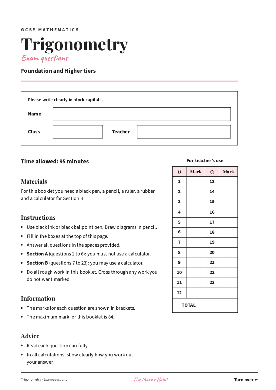 Trigonometry: exam questions, first page