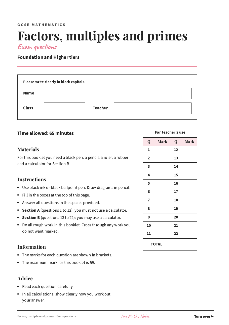 Factors, multiples and primes: exam questions, first page