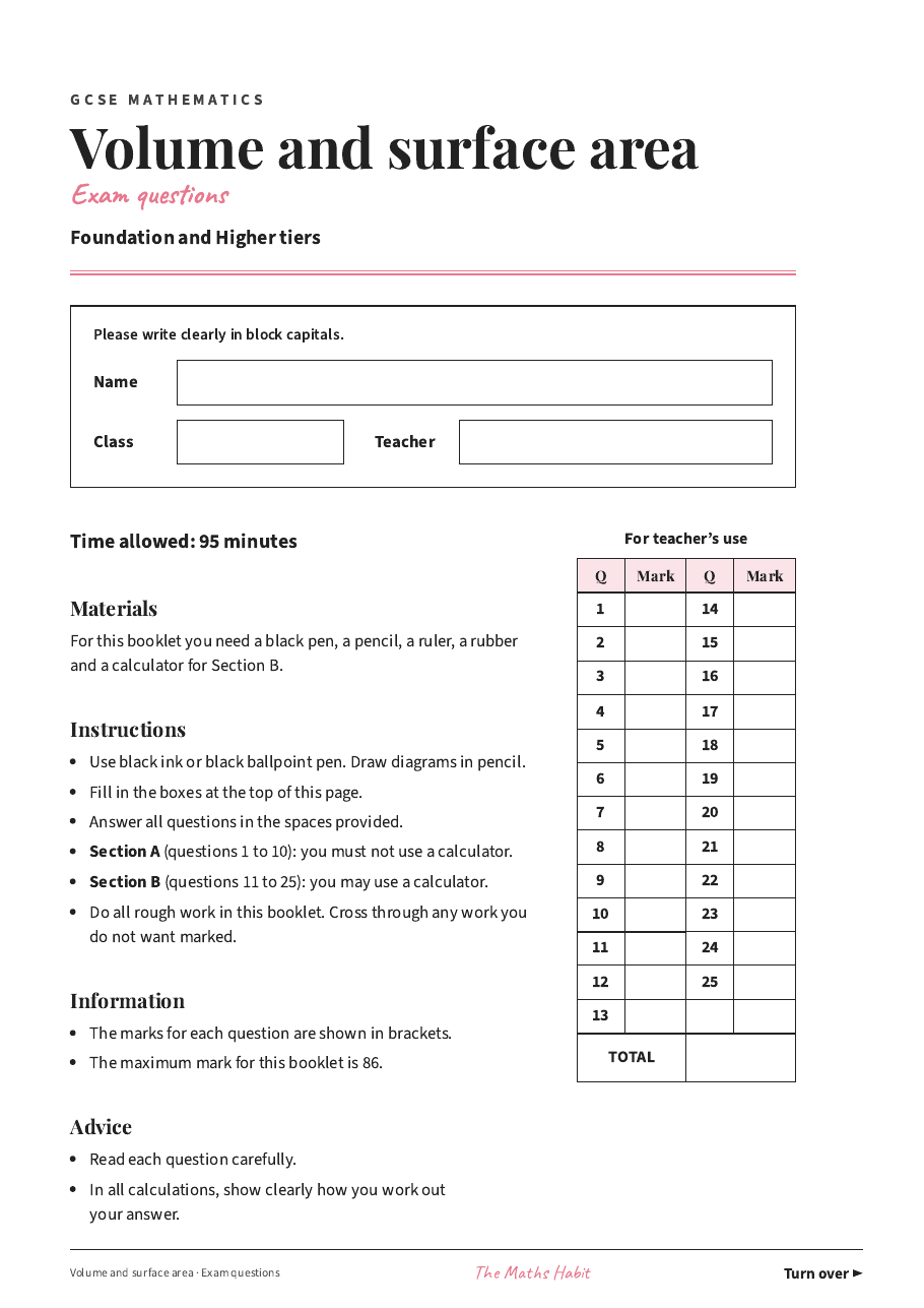 Volume and surface area: exam questions, first page