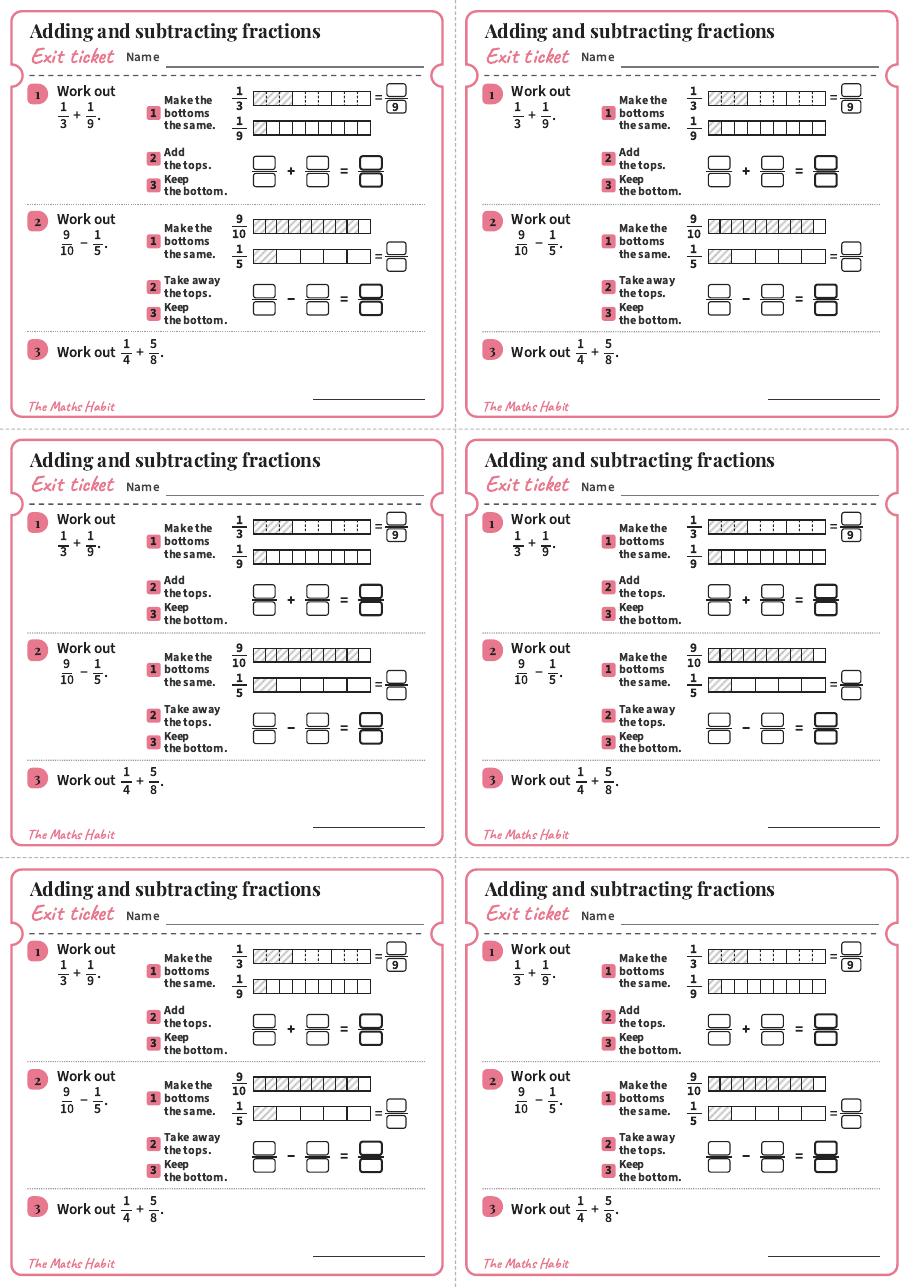 Adding and subtracting fractions, exit tickets