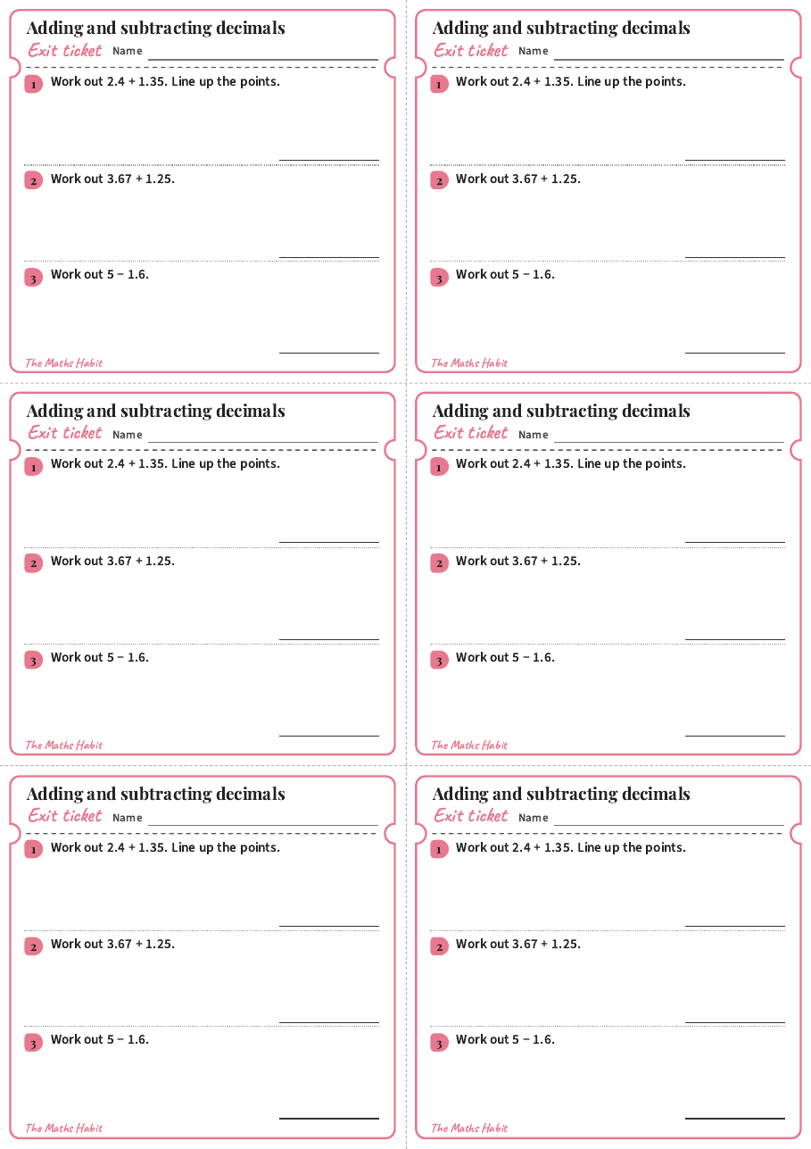 Exit ticket: Adding and subtracting decimals, first page