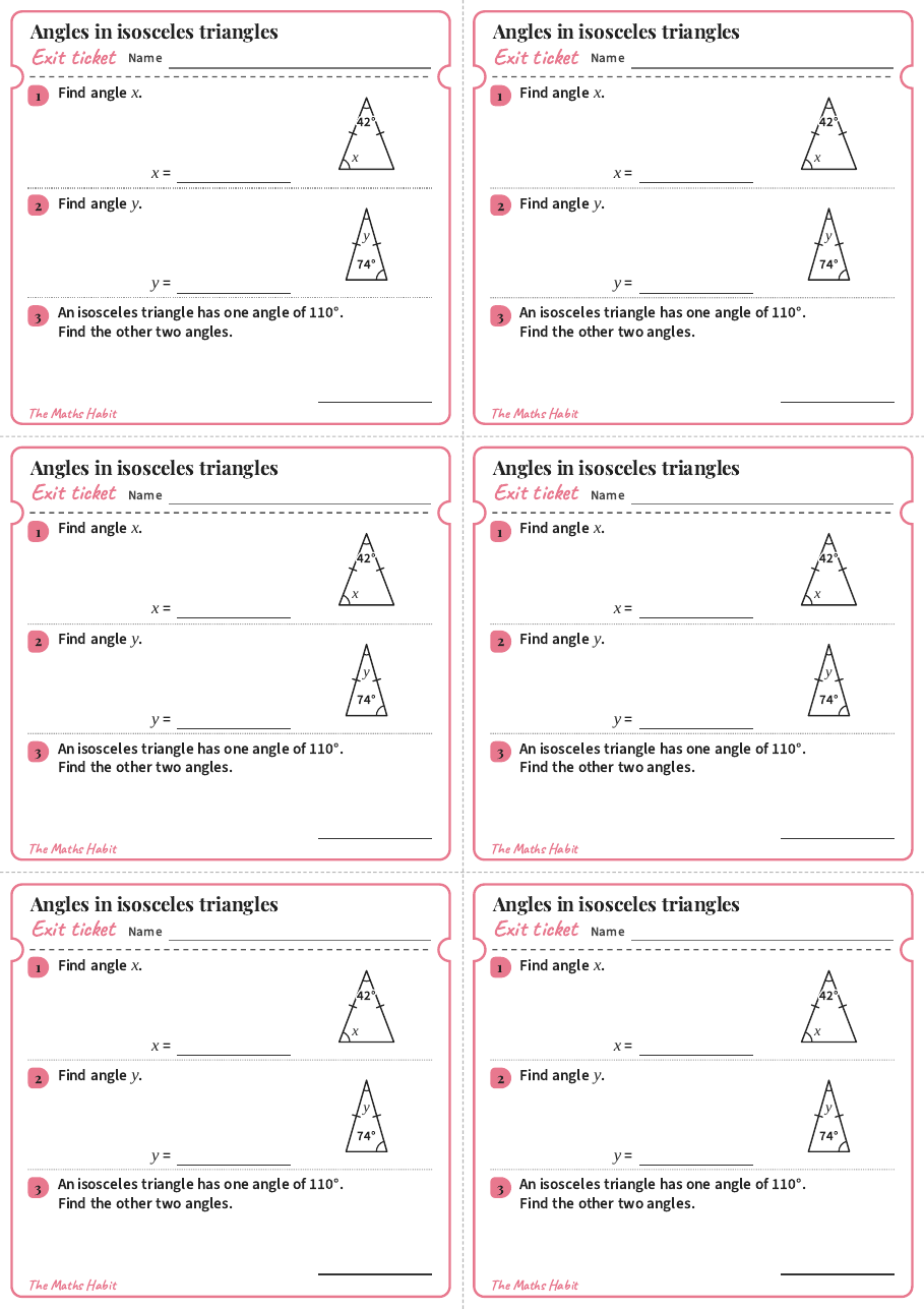 Angles in isosceles triangles, exit tickets