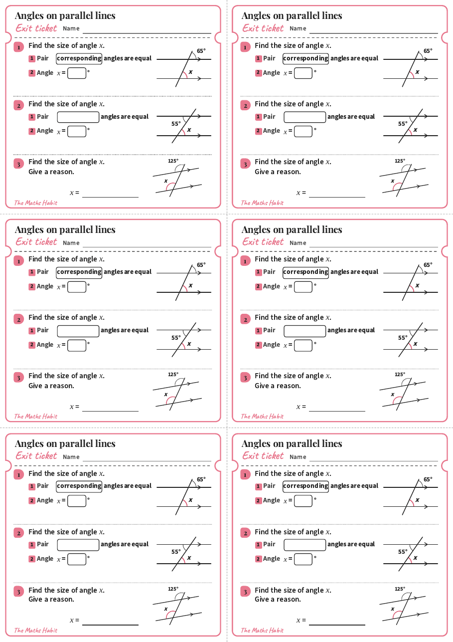 Angles on parallel lines, exit tickets