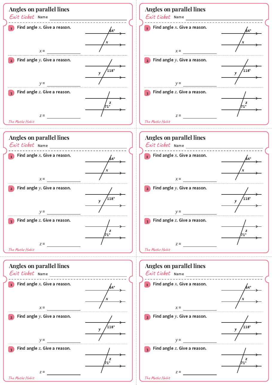 Angles on parallel lines, exit tickets