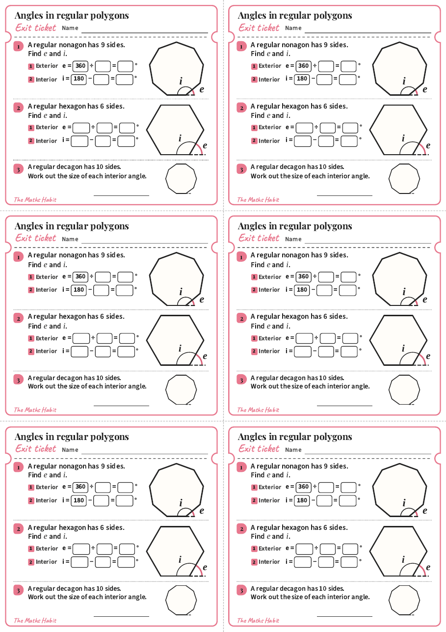 Angles in regular polygons, exit tickets