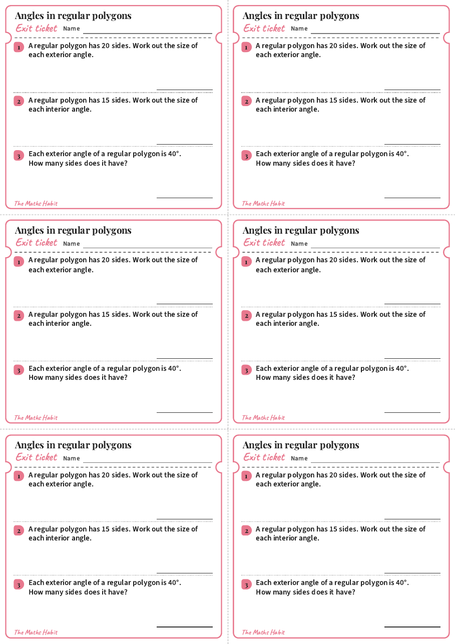 Angles in regular polygons, exit tickets