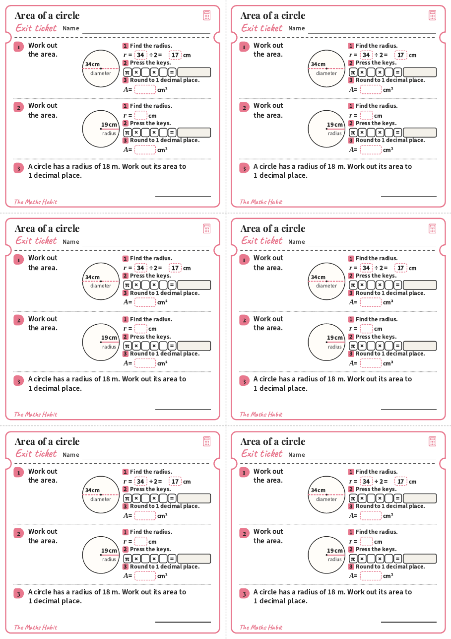 Area of a circle, exit tickets