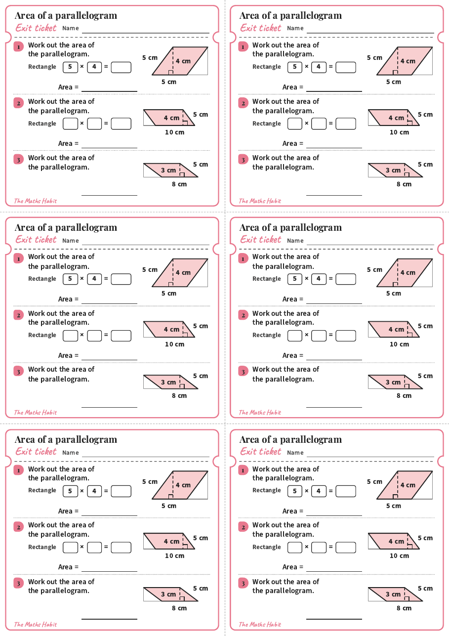 Area of a parallelogram, exit tickets