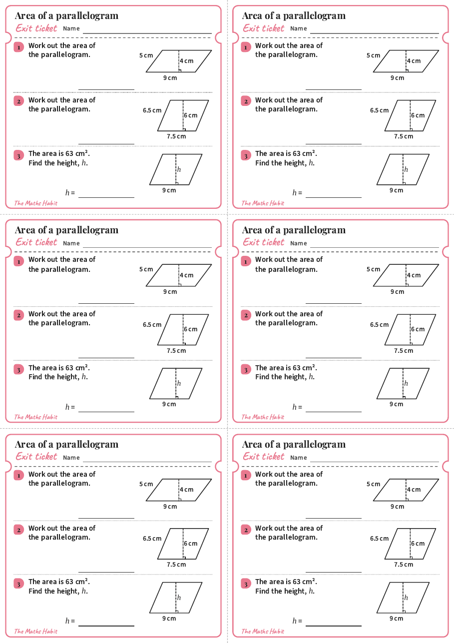 Exit ticket: Area of a parallelogram, first page