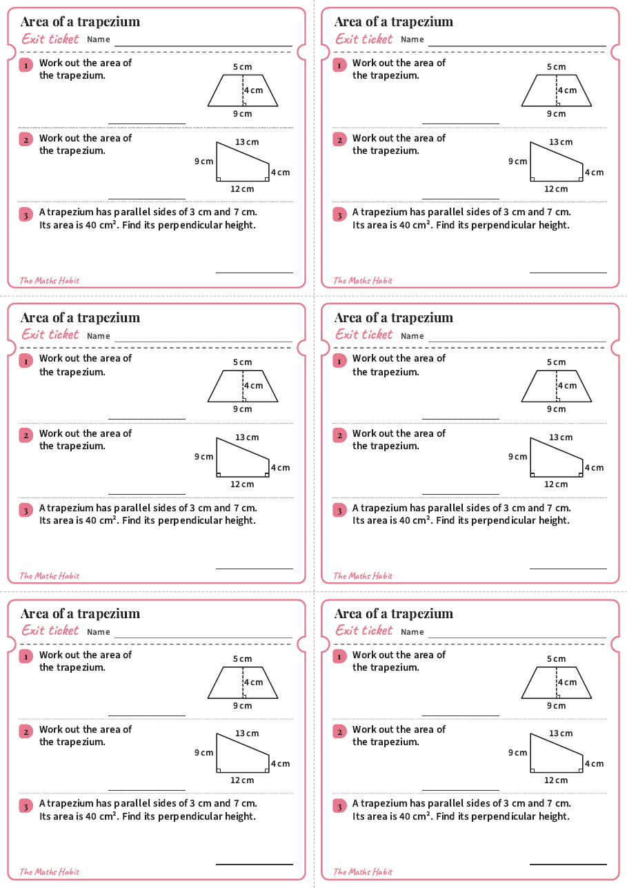 Exit ticket: Area of a trapezium, first page