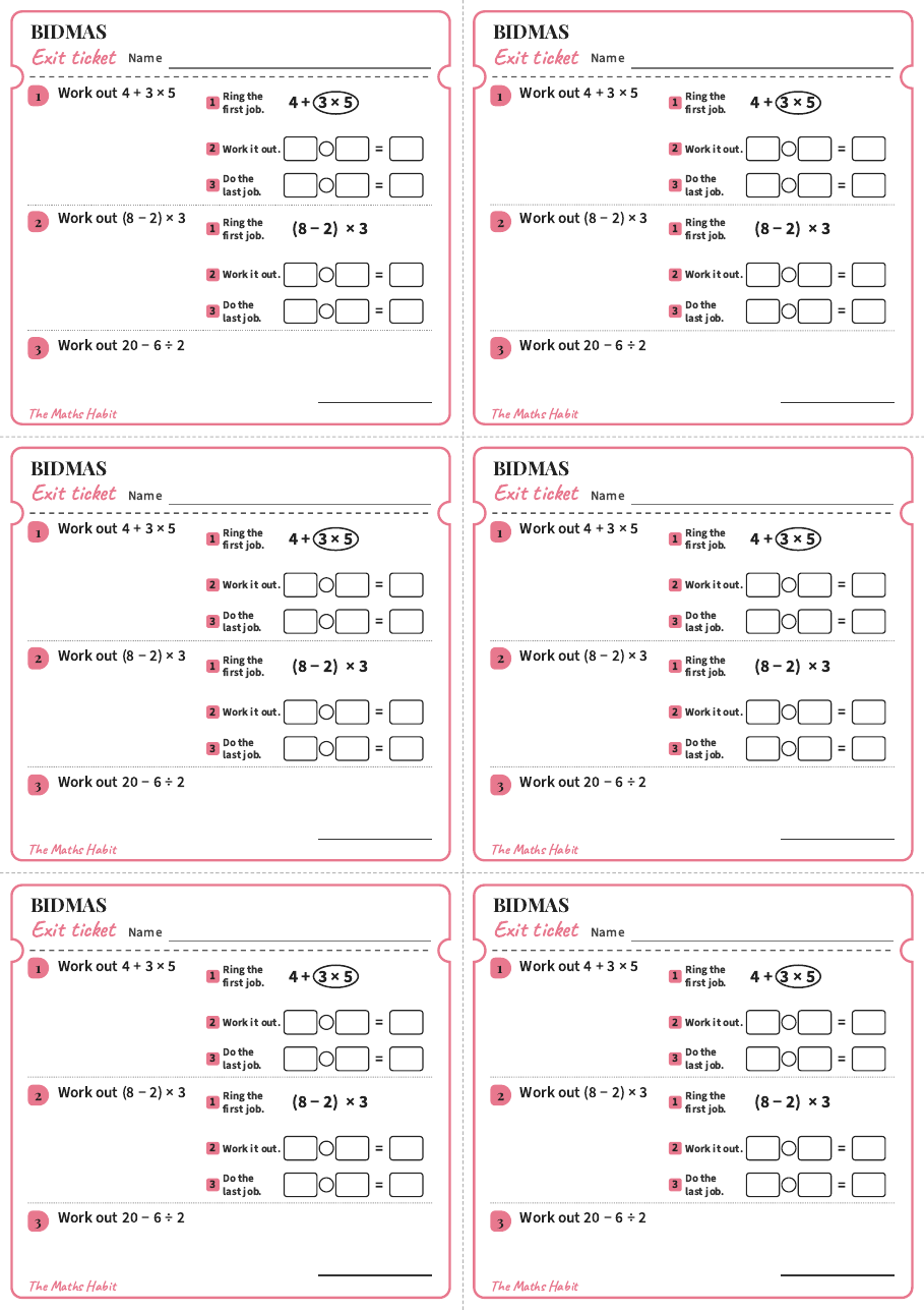 Exit ticket: BIDMAS, first page