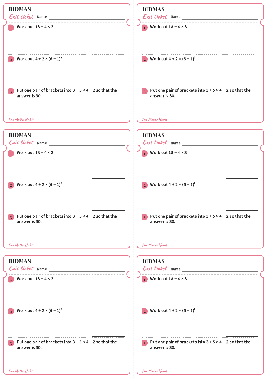 BIDMAS, exit tickets