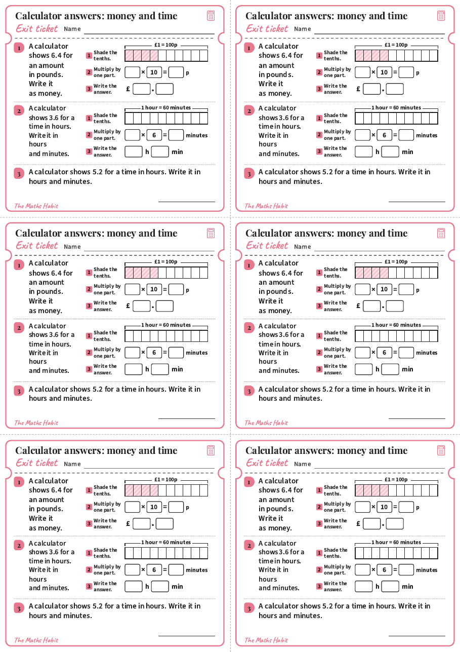 Calculator answers: money and time, exit tickets