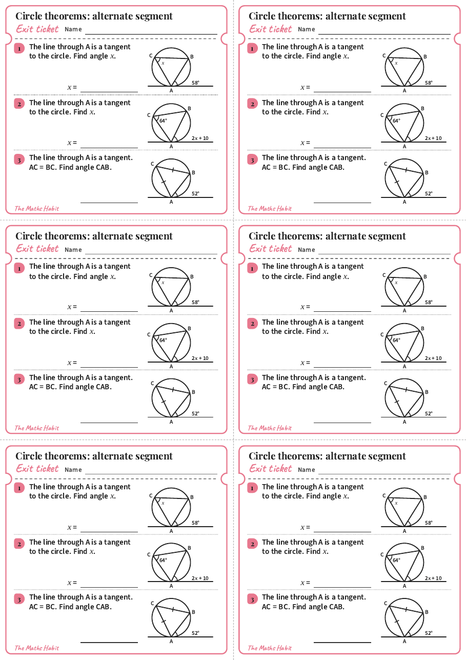 Circle theorems: alternate segment, exit tickets