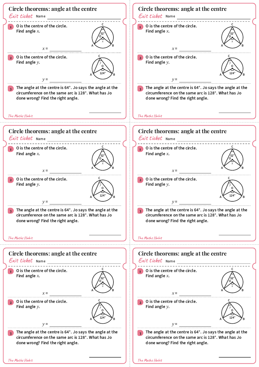 Circle theorems: angle at the centre, exit tickets