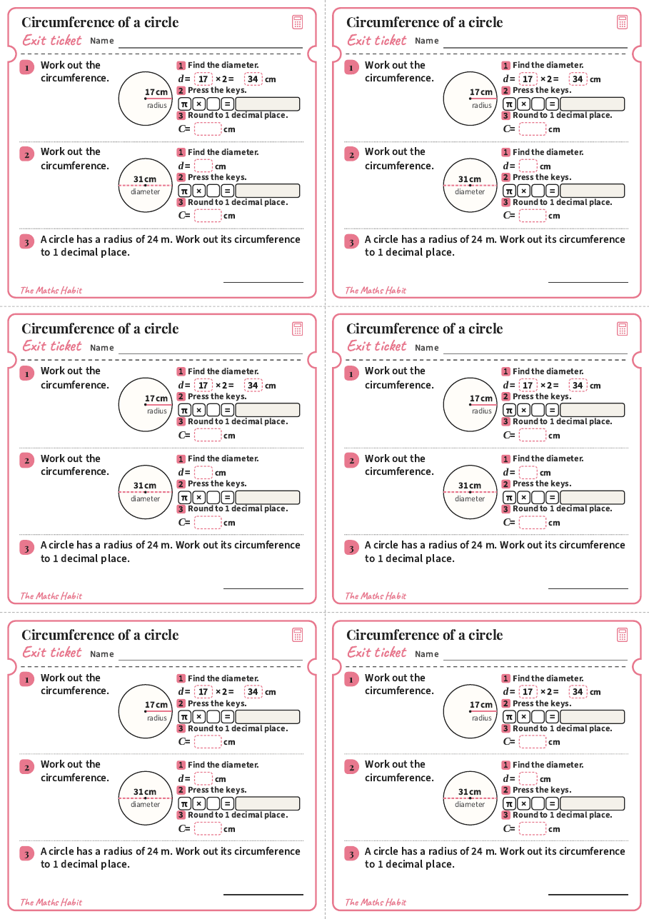 Circumference of a circle, exit tickets