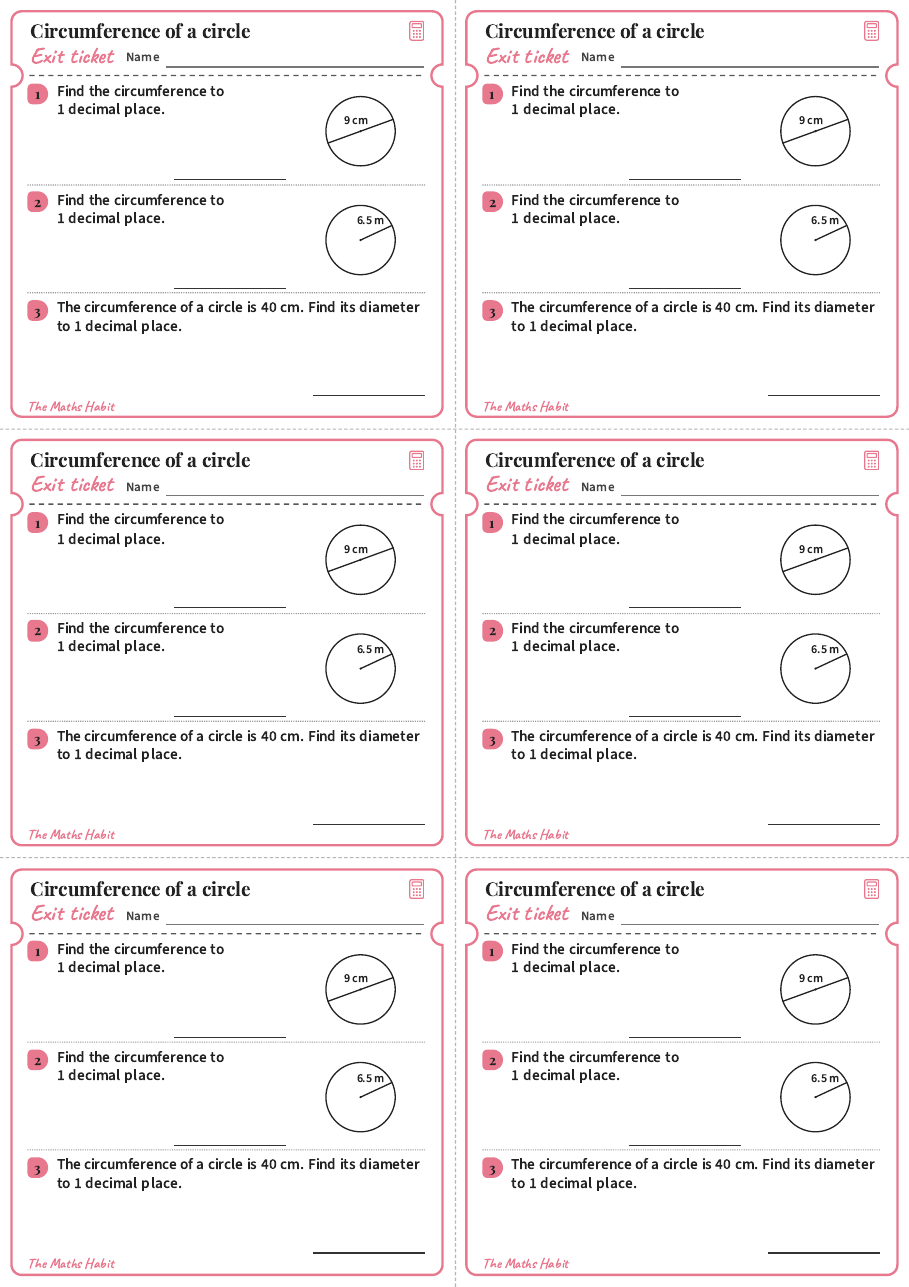 Exit ticket: Circumference of a circle, first page
