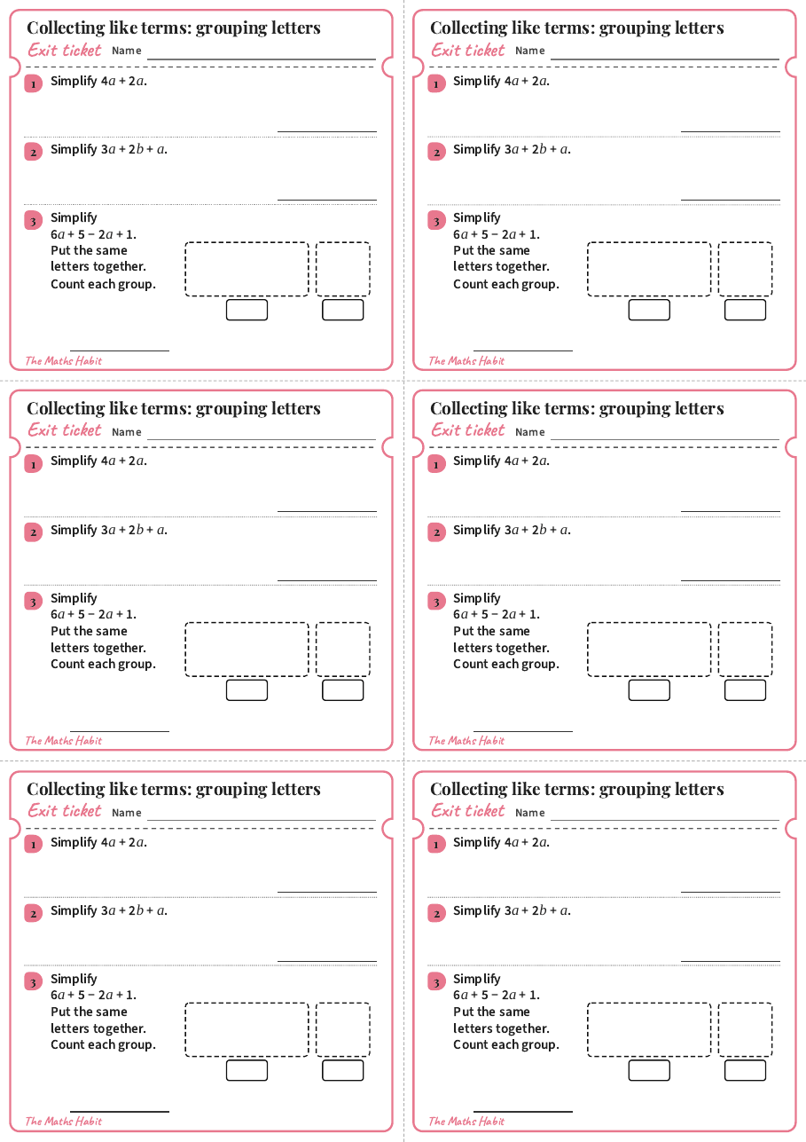 Exit ticket: Collecting like terms: grouping letters, first page