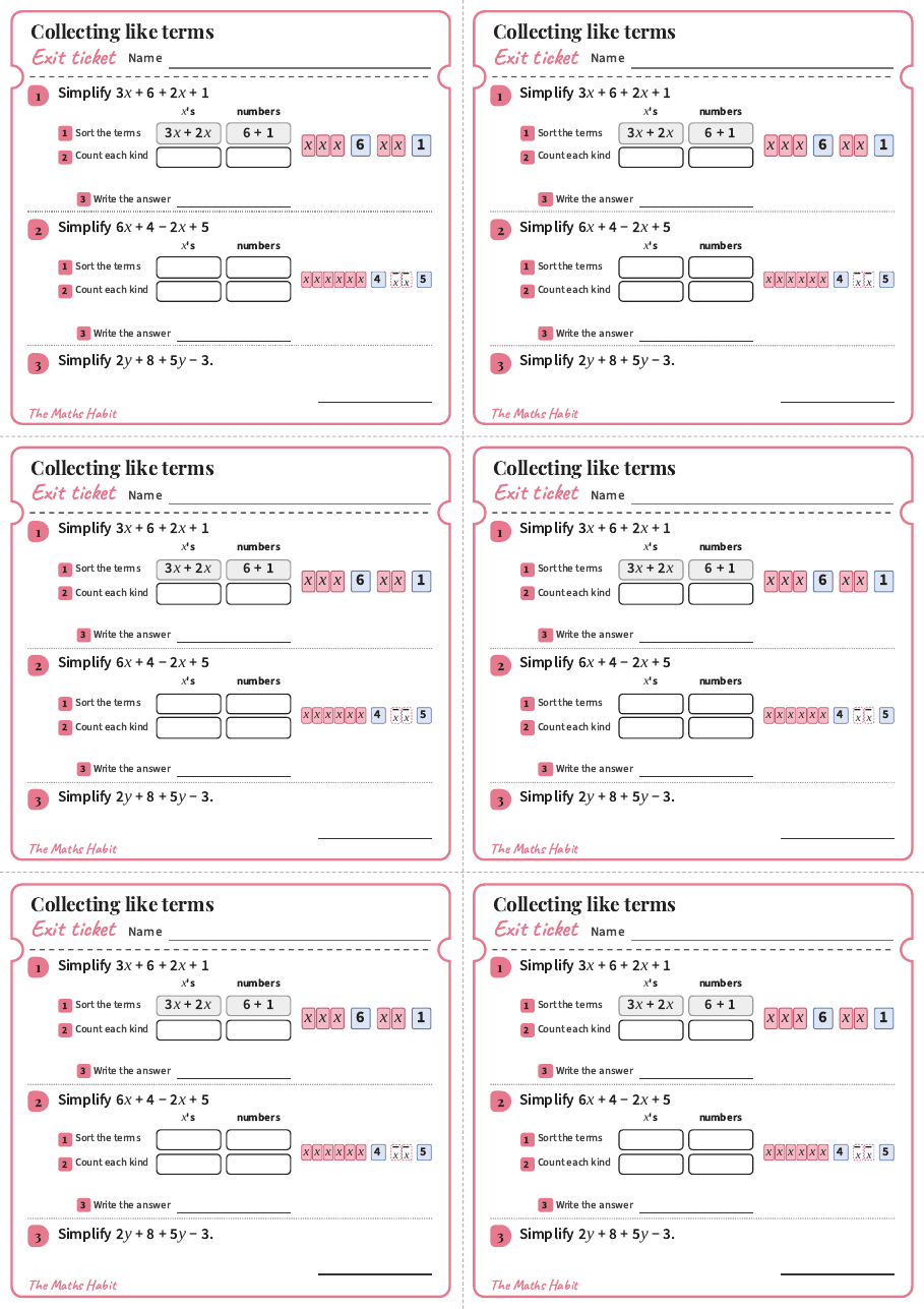 Collecting like terms, exit tickets
