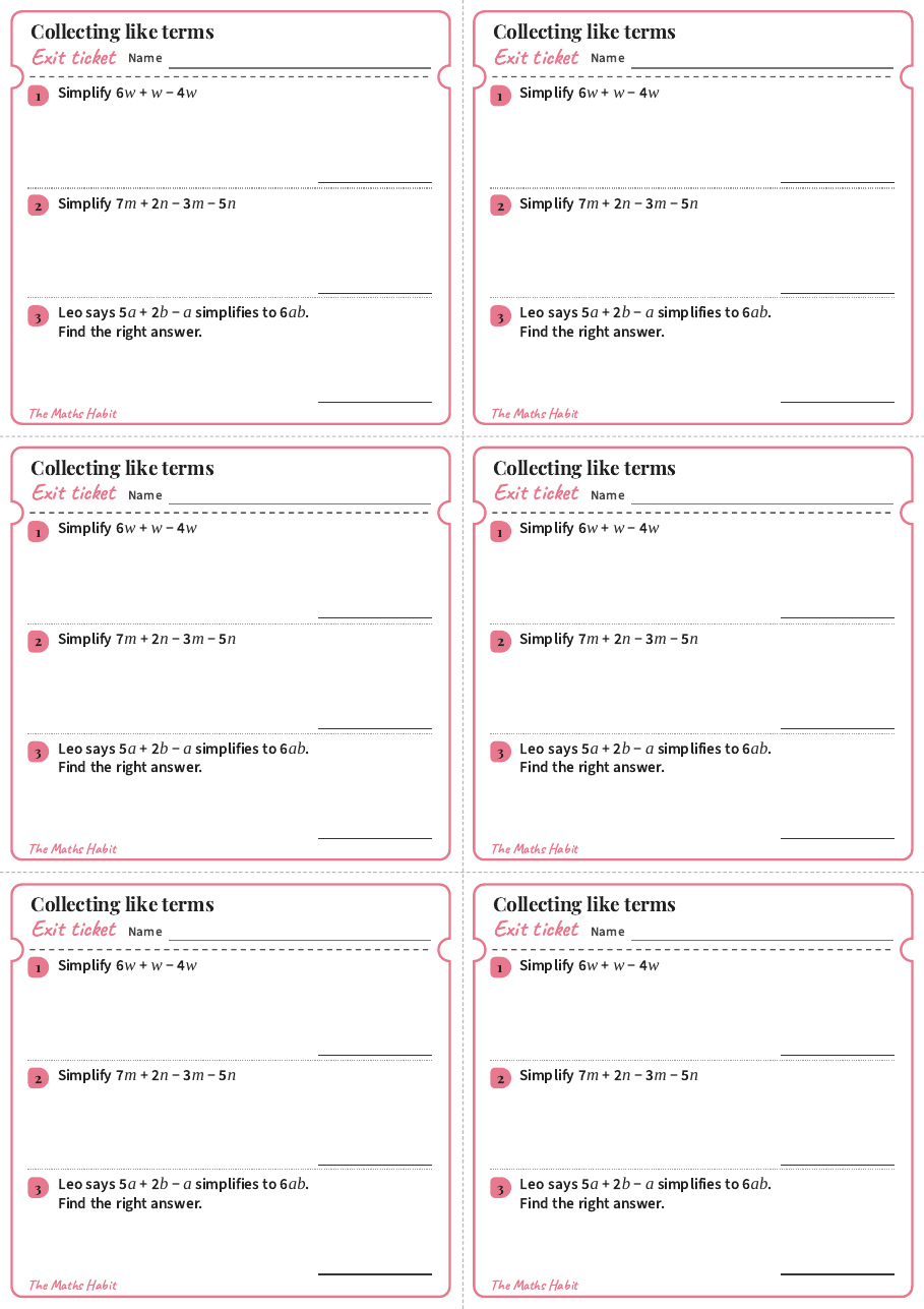 Collecting like terms, exit tickets